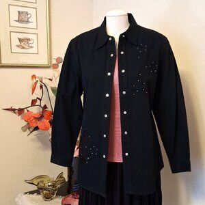 NEW Women’s Classic Black Embroidered Denim Shirt Chic Button-Down Jean Jacket
